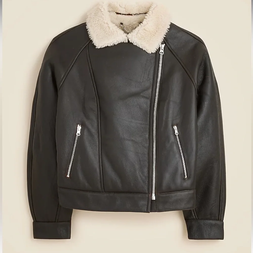 J. Crew Collection Black Leather Shearling Moto‎ Zip Up Jacket XL